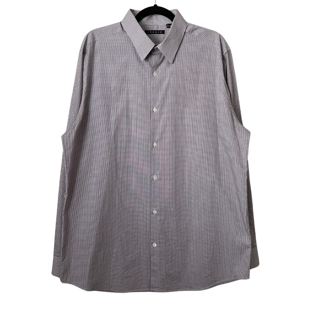 Theory Shirt Mens 17 32-33‎ White Red Plaid Button Up Long Sleeve Cotton Preppy